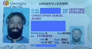 Chris Avinos wearing a colander on his temp driving license