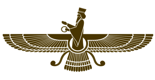 The symbol of Zoroastrianism - wide bird-like wings and a man holding a ring